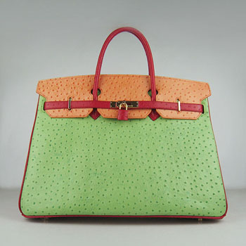 Hermes Birkin 40Cm Ostrich Stripe Handbags Red/Orange/Green Gold